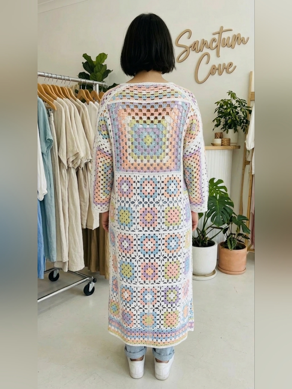POL Pastel Crochet Granny Square Duster Kimono Cardigan OSFA - Picture 16 of 17